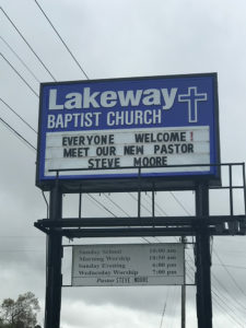 Church sign announcing new pastor, Steve Moore.